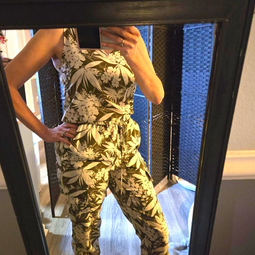 olive green/white tropical leaf print sleeveless jumpsuit